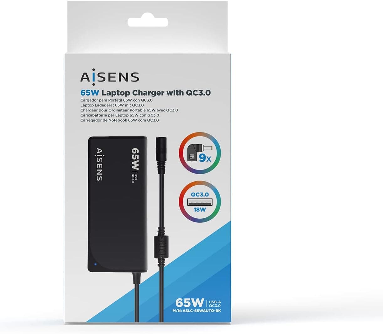 Carregador de Portátil Aisens ASLC-65WAUTO-BK/ 65W/ Automático/ 9 Conectores/ Voltagem 18.5-20V/ 1 USB-A + Quick Charge 3.0