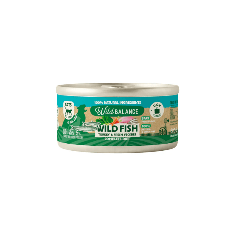 Wild Balance Gato Lata BARF cocinado al vapor PESCADO SALVAJE y PAVO con Verduras Frescas