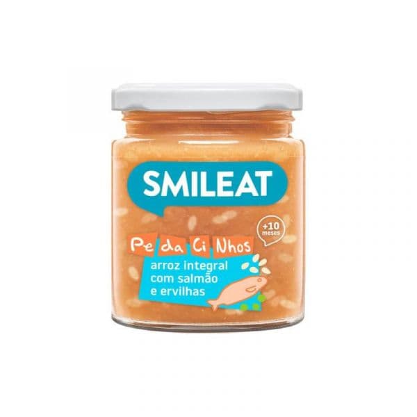 Smileat Frasco de Pe-da-ci-nhos Arroz Integral com Salmão e Ervilhas +10m 230 G