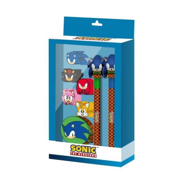 KARACTERMANIA Blister Sonic the Hedgehog com Caneta Gel, Lápis Infinito, 5 Borrachas e Afia