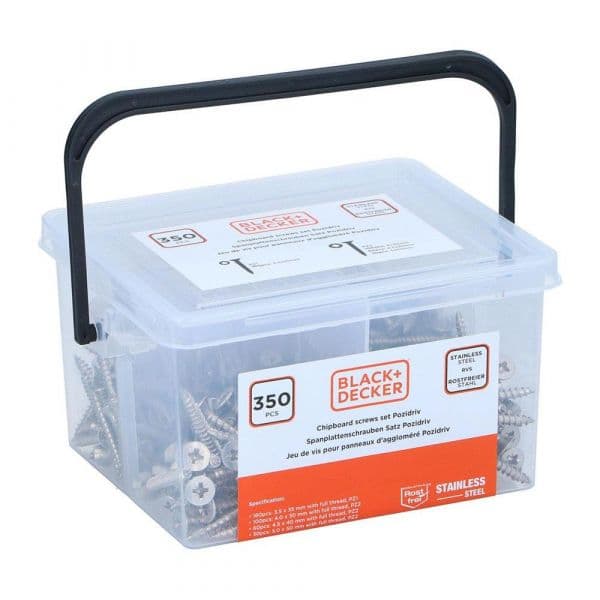 Black+Decker Parafusos para Madeira Sortido 350 Peças Pozidriv Aço Inoxidável Prata e Preto