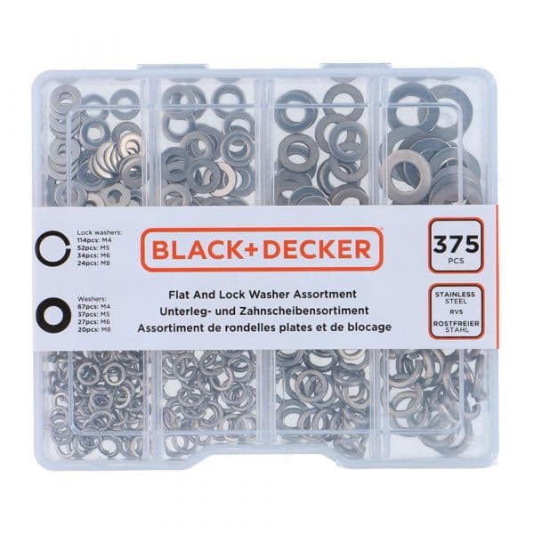 Black+Decker Conjunto Anilhas Planas e de Segurança 73507 375 Peças Aço Inoxidável Preto