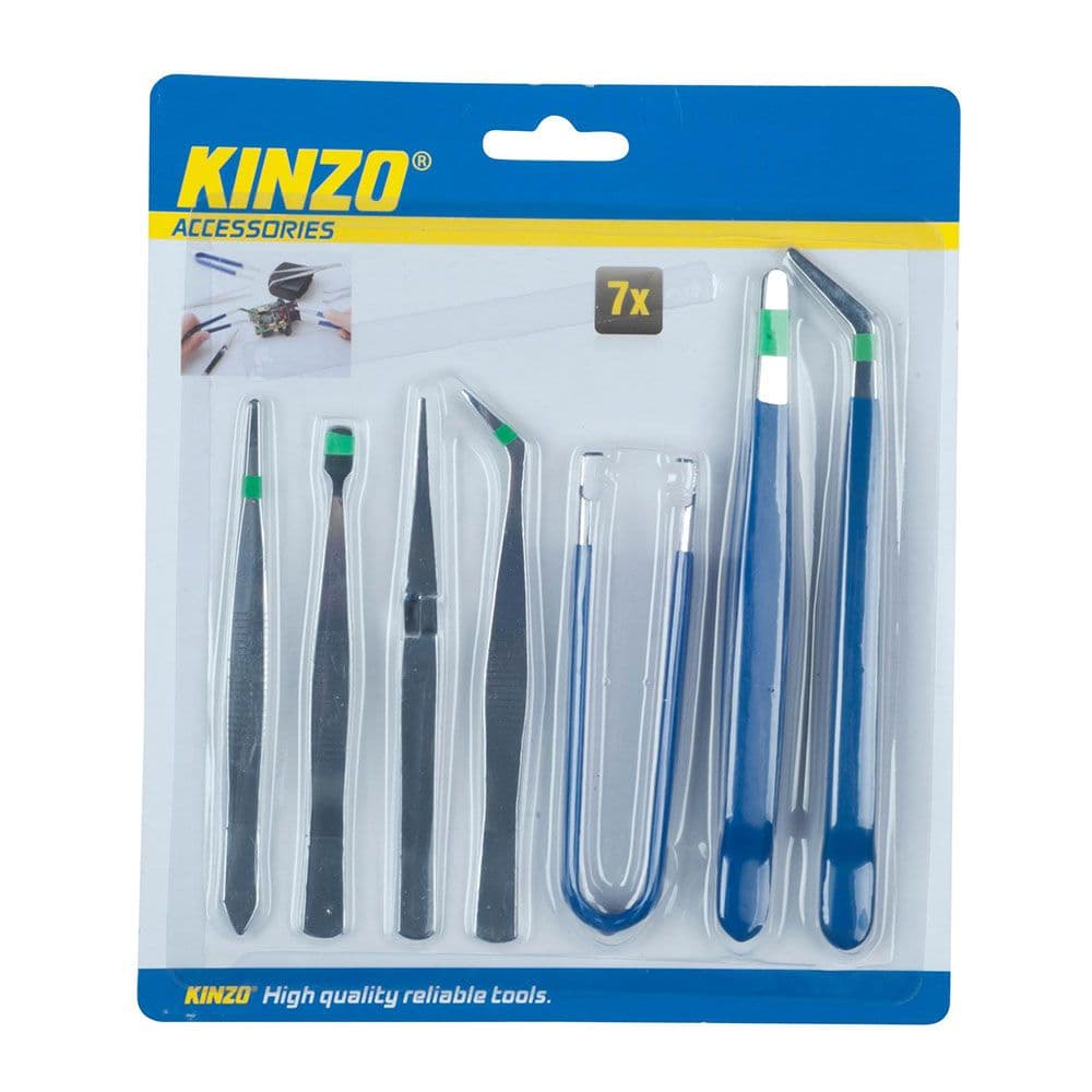 PACK DE 7 PINÇAS DE PRECISÃO DE AÇO PARA FERRAMENTAS. KINZO
