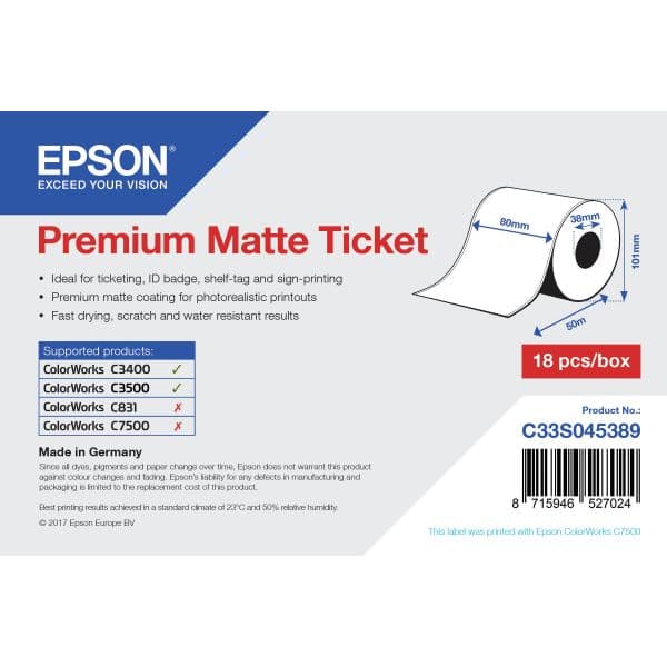 Epson Etiqueta Ultra-Brilho Branca + Rolo de Papel Premium Matte 80mm x 50m