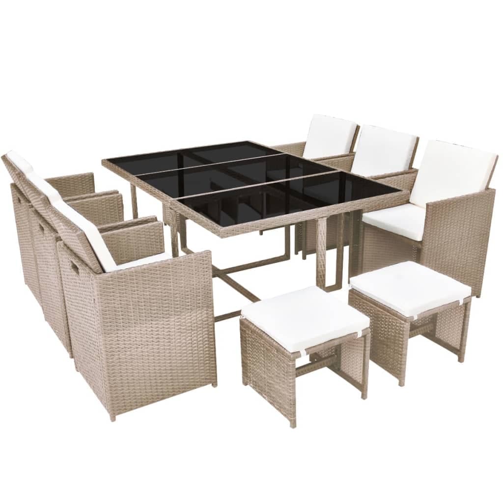 vidaXL 11 pcs conjunto jantar exterior com almofadões vime PE bege