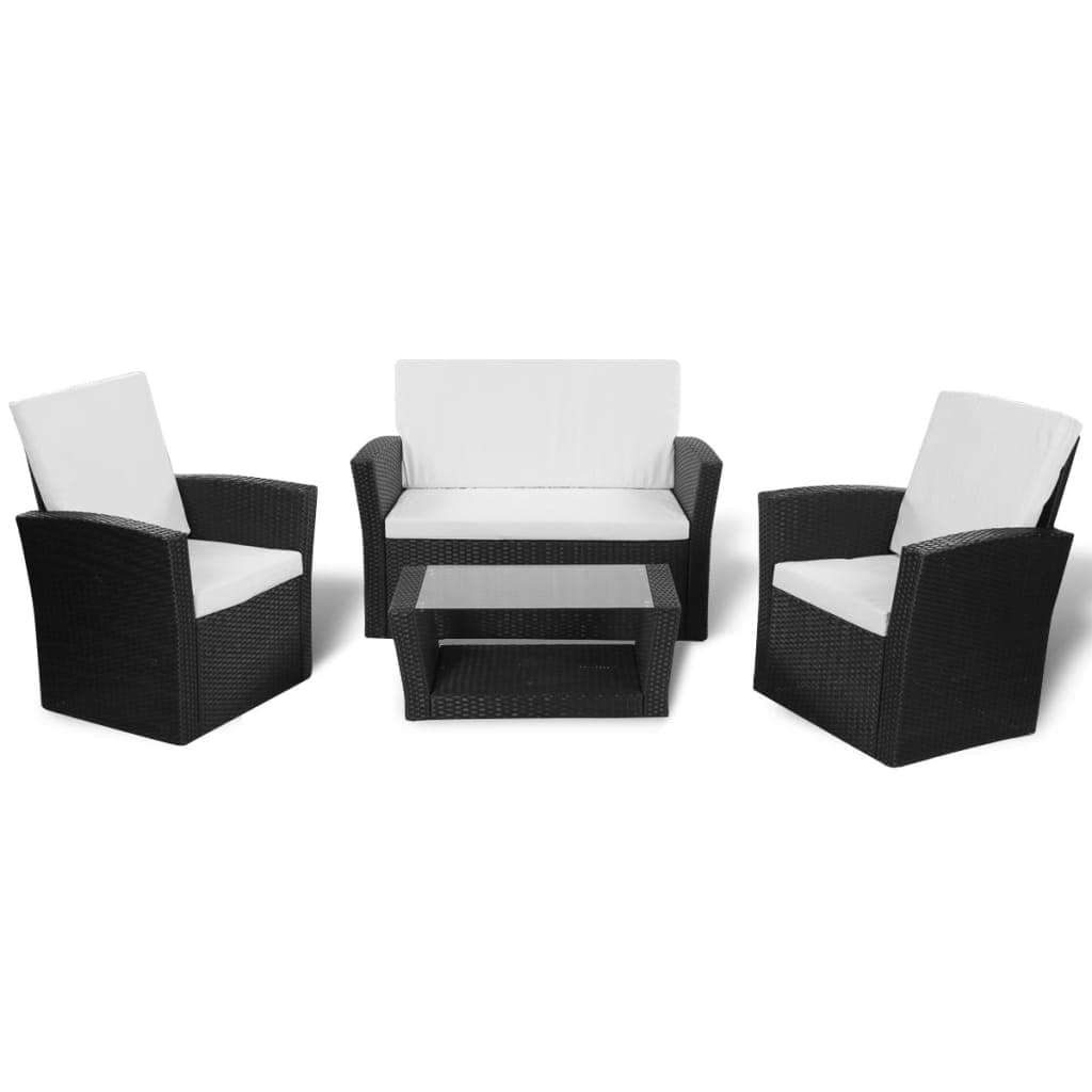 vidaXL 4 pcs conjunto lounge de jardim c/ almofadões vime PE preto