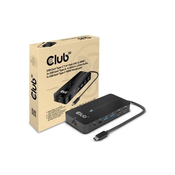 Club3D CSV-1595 Hub USB 3.2 Gen1 Tipo-C 7 em 1 2xHDMI/2xUSB/USB-C/RJ45 100W