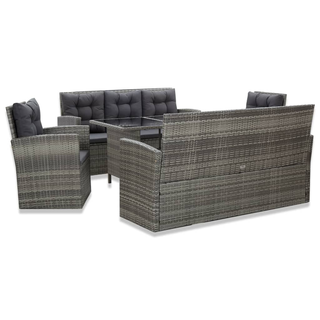 vidaXL 5 pcs conjunto jantar exterior c/ almofadões vime PE cinzento