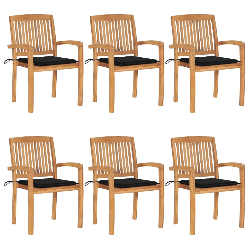 vidaXL Cadeiras de jardim empiháveis c/ almofadões 6 pcs teca maciça