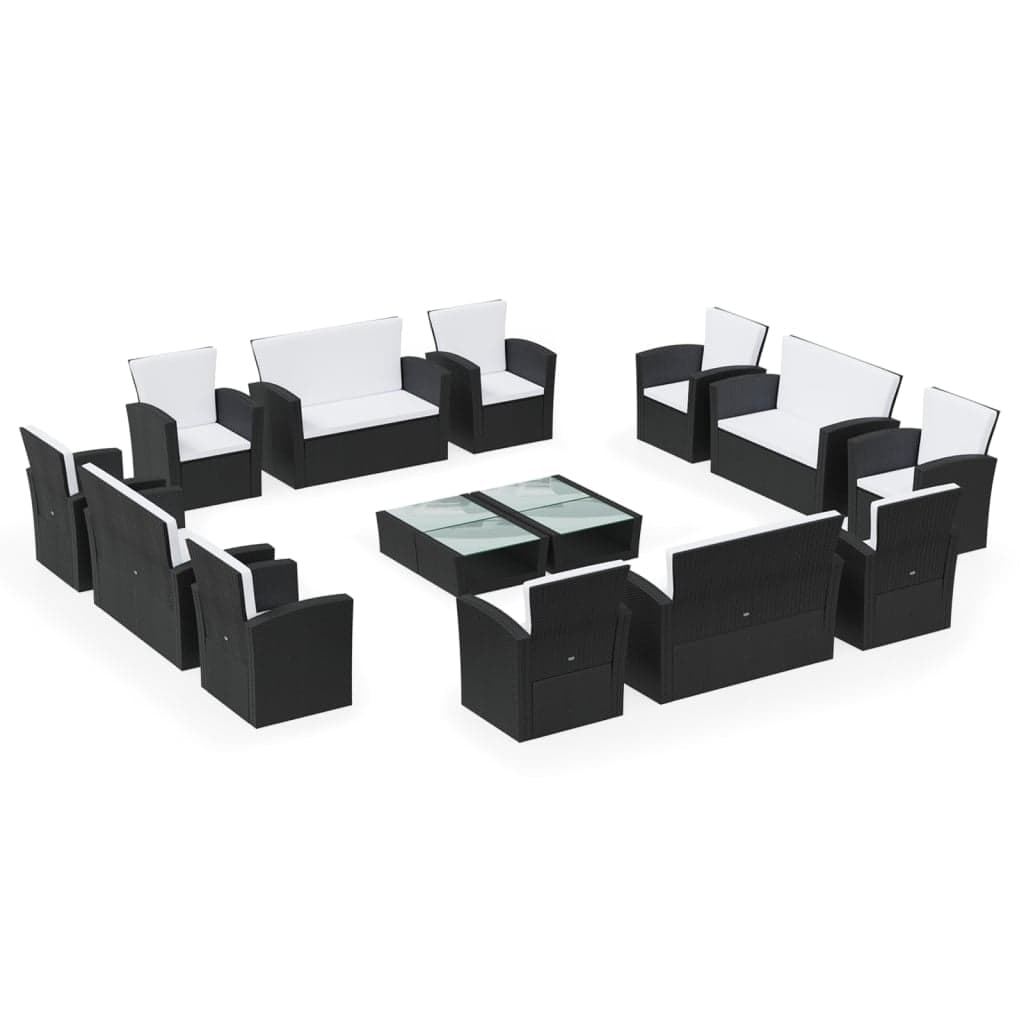 vidaXL 16 pcs conjunto lounge de jardim c/ almofadões vime PE preto