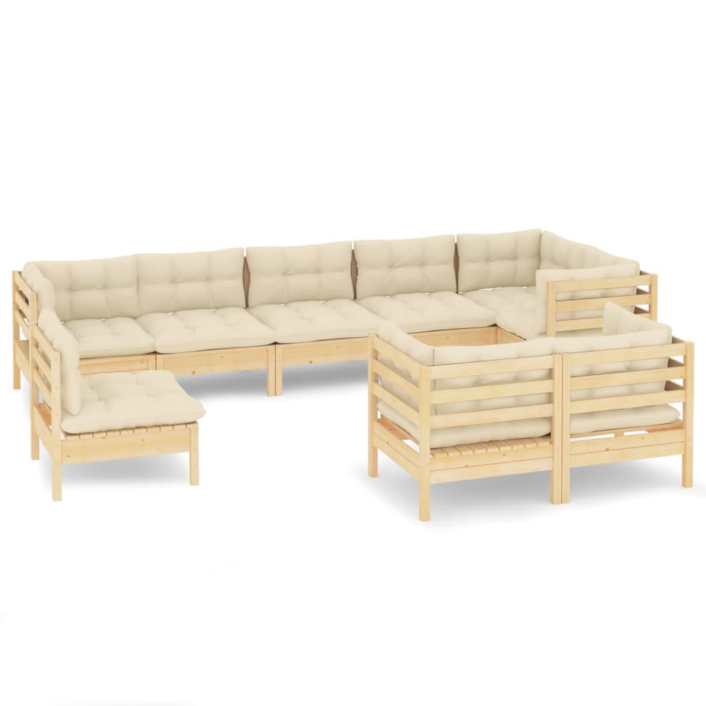 vidaXL 9 pcs conjunto lounge jardim c/ almofadões creme pinho maciço