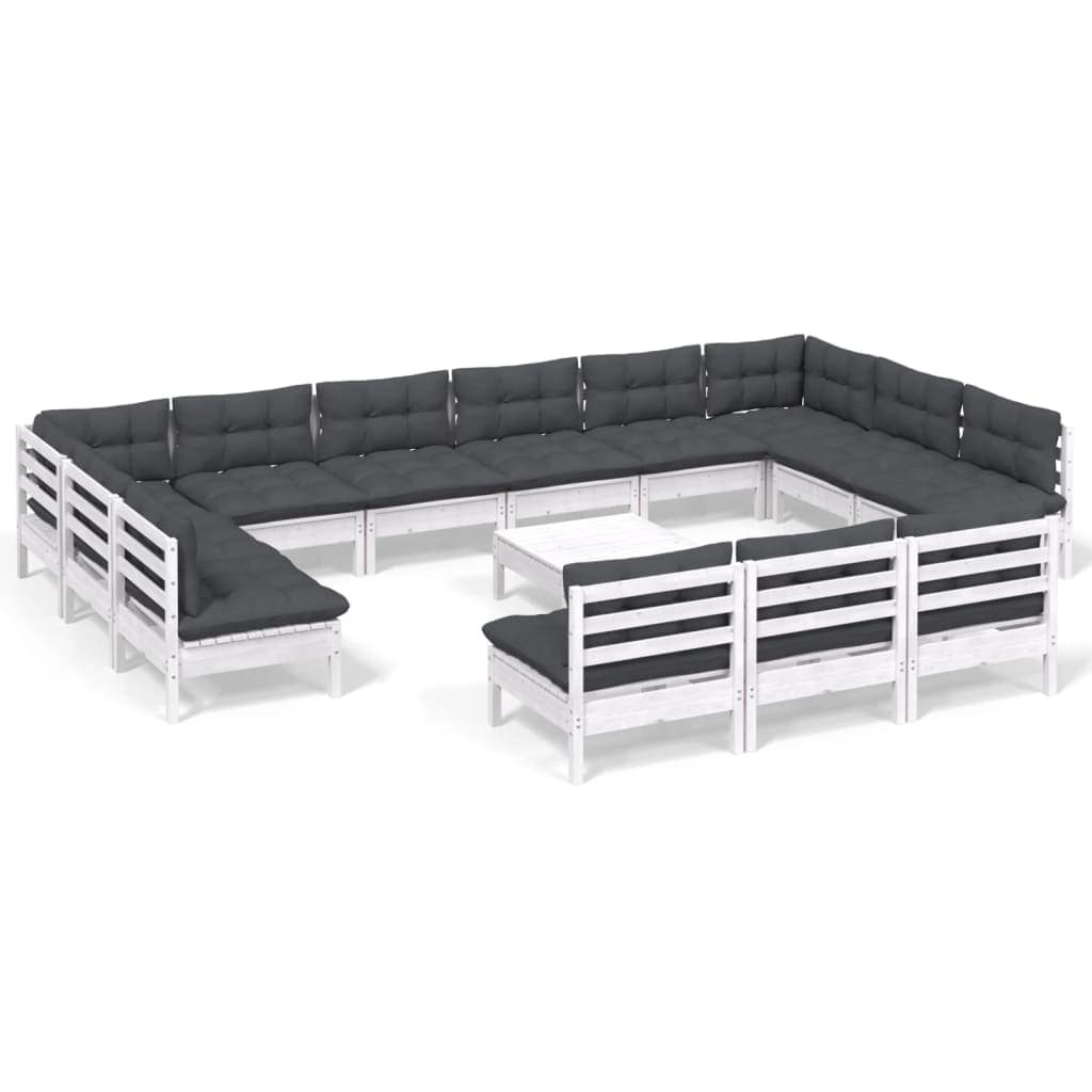 vidaXL 14 pcs conj. lounge de jardim c/ almofadões pinho maciço branco