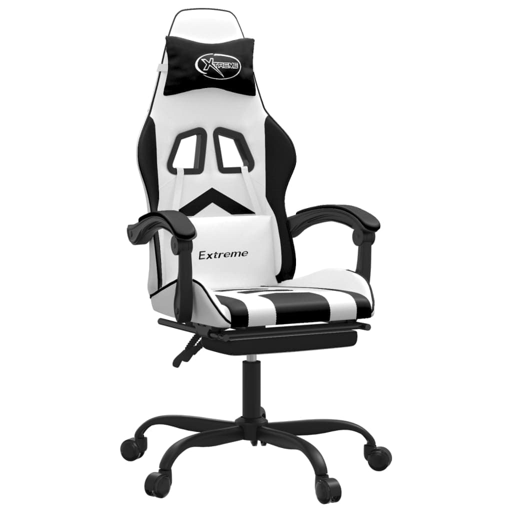 vidaXL Cadeira gaming giratória c/ apoio pés couro artif. branco/preto