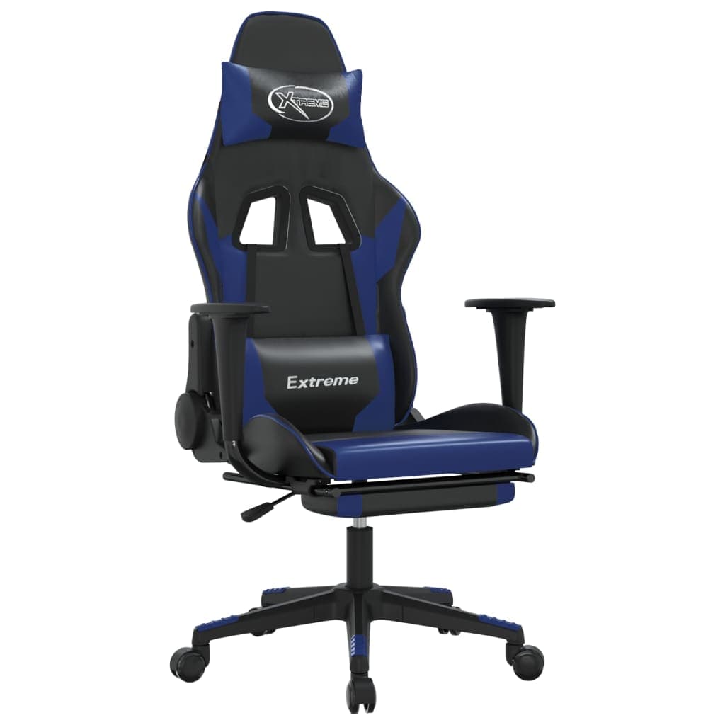 vidaXL Cadeira gaming c/ apoio para pés couro artificial preto e azul