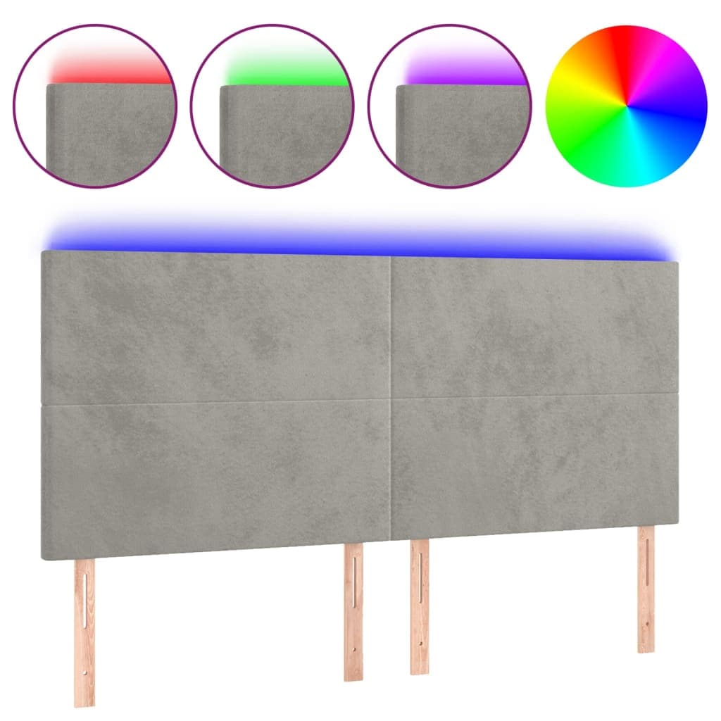 vidaXL Cabeceira cama c/ luzes LED veludo 180x5x118/128cm cinza-claro