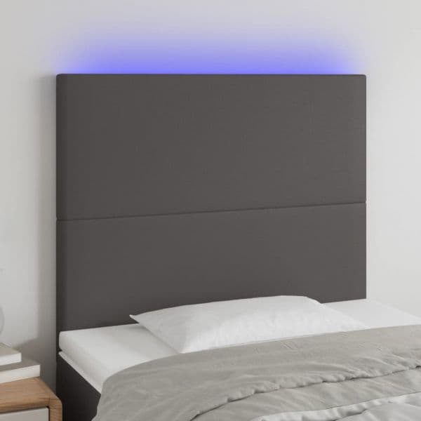 vidaXL Cabeceira Cama com led Couro Artificial 100x5x118/128 cm Cinzento - 2387949653