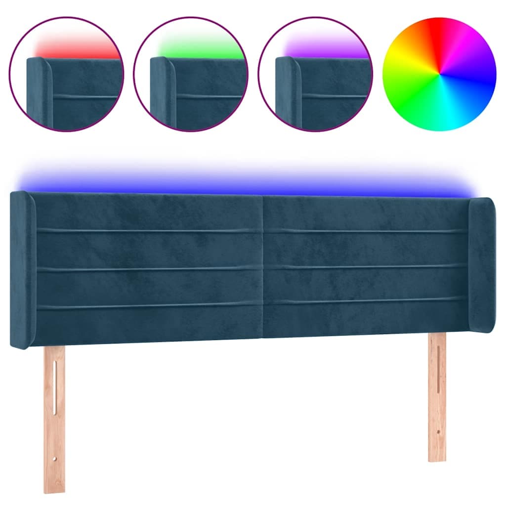vidaXL Cabeceira cama c/ luzes LED veludo 147x16x78/88 cm azul-escuro
