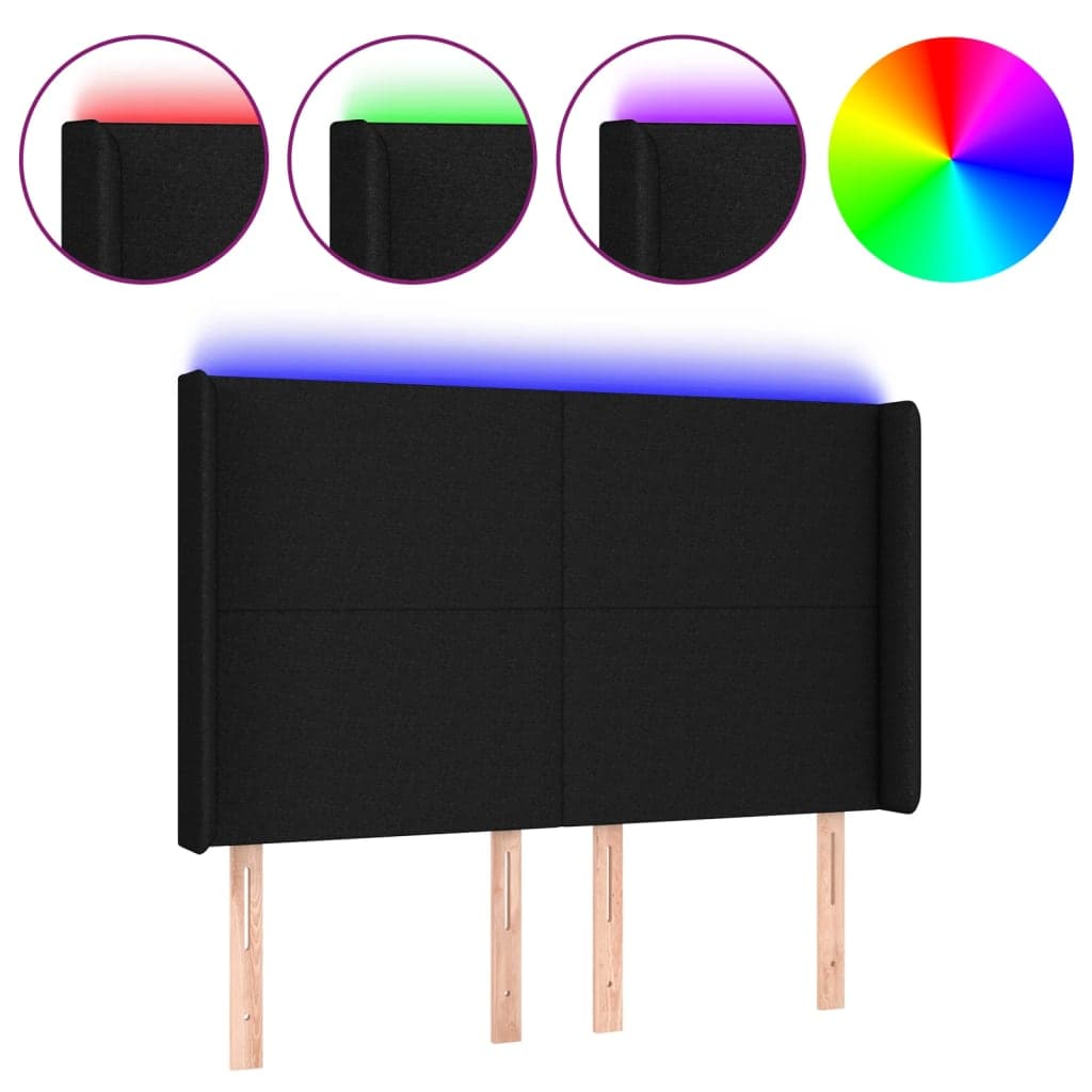 vidaXL Cabeceira de cama c/ luzes LED tecido 147x16x118/128 cm preto