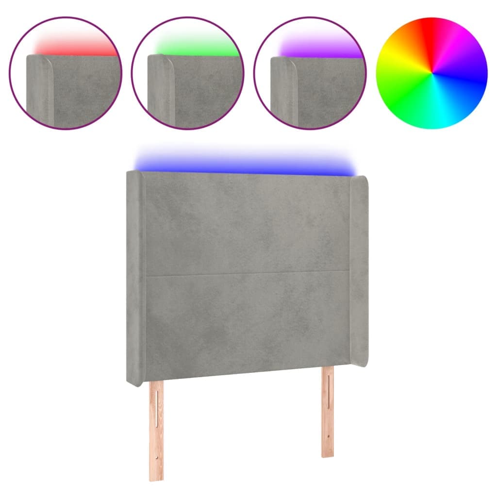 vidaXL Cabeceira cama c/ luzes LED veludo 83x16x118/128 cm cinza-claro