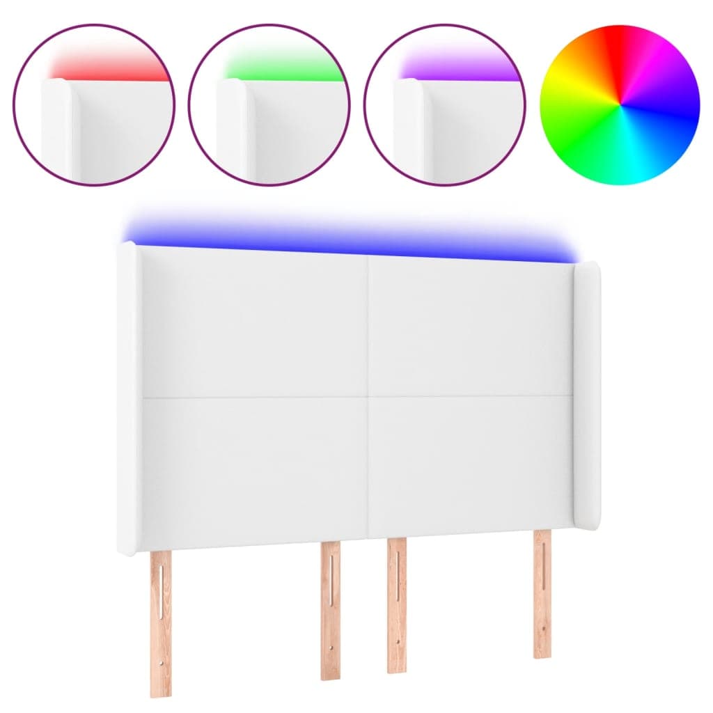 vidaXL Cabeceira cama c/ LED couro artificial 147x16x118/128 cm branco