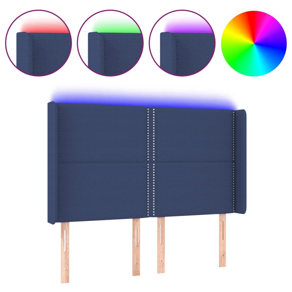 vidaXL Cabeceira de cama c/ luzes LED tecido 147x16x118/128 cm azul