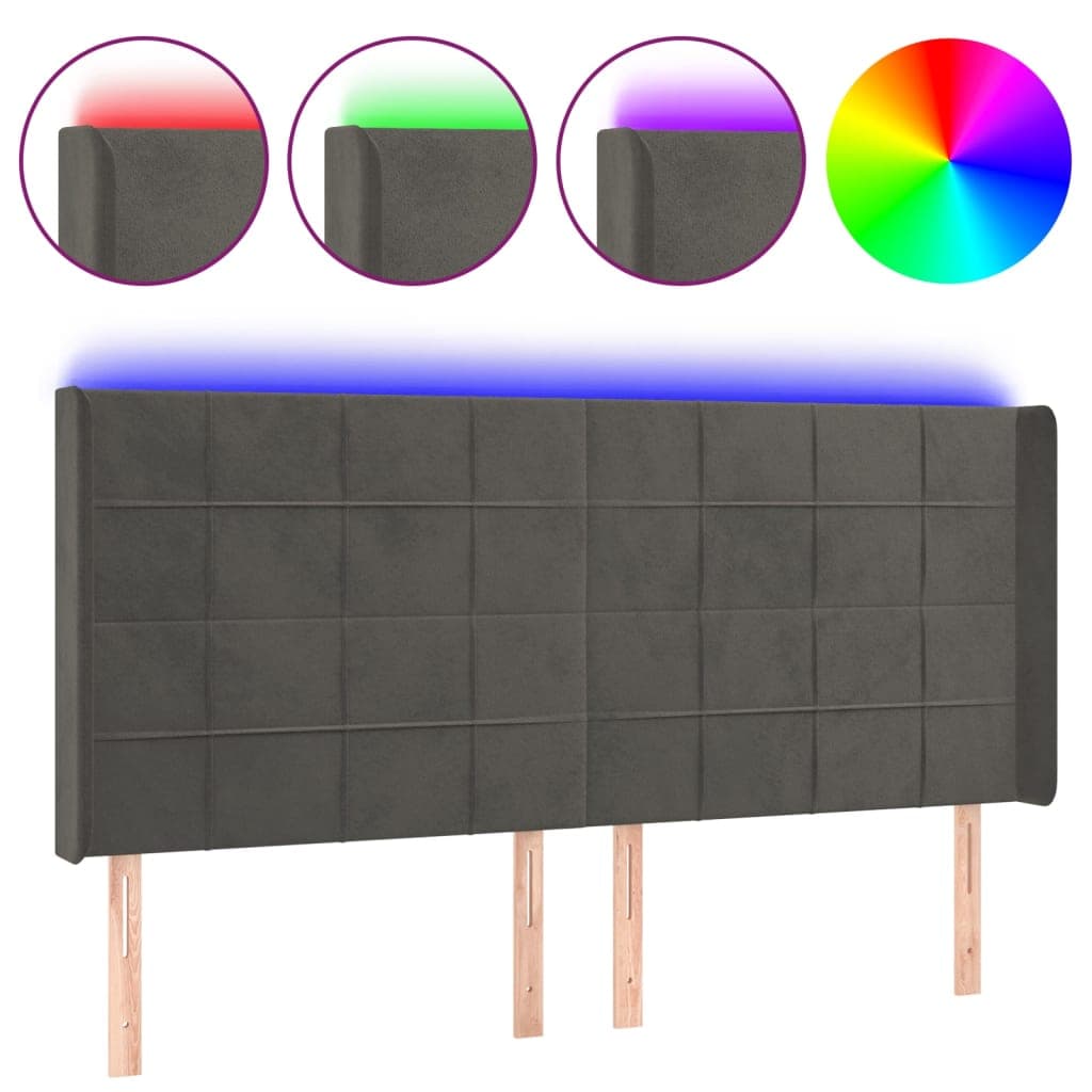vidaXL Cabeceira de cama c/ LED veludo 163x16x118/128 cm cinza-escuro