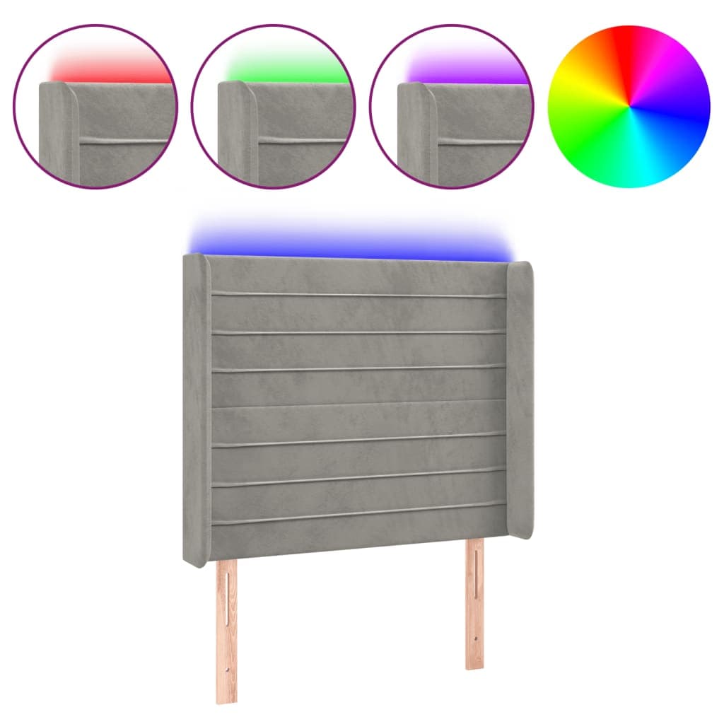 vidaXL Cabeceira cama c/ luzes LED veludo 103x16x118/128cm cinza-claro