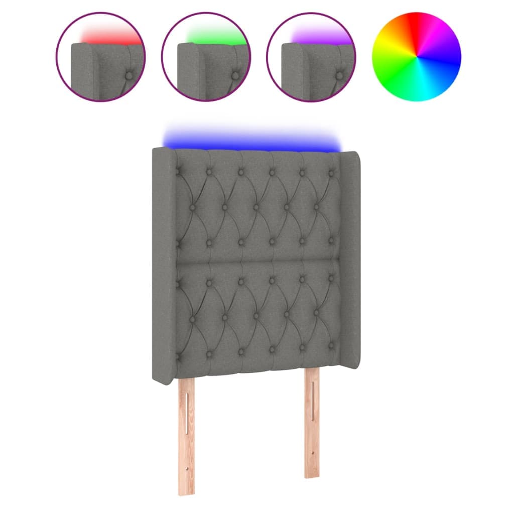 vidaXL Cabeceira cama c/ luzes LED tecido 83x16x118/128cm cinza-escuro