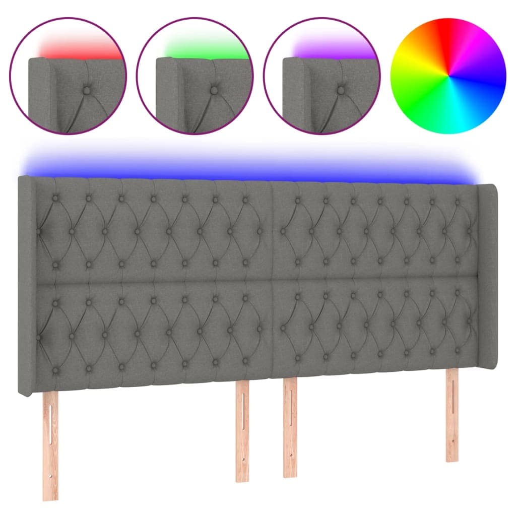 vidaXL Cabeceira de cama c/ LED tecido 203x16x118/128 cm cinza-escuro