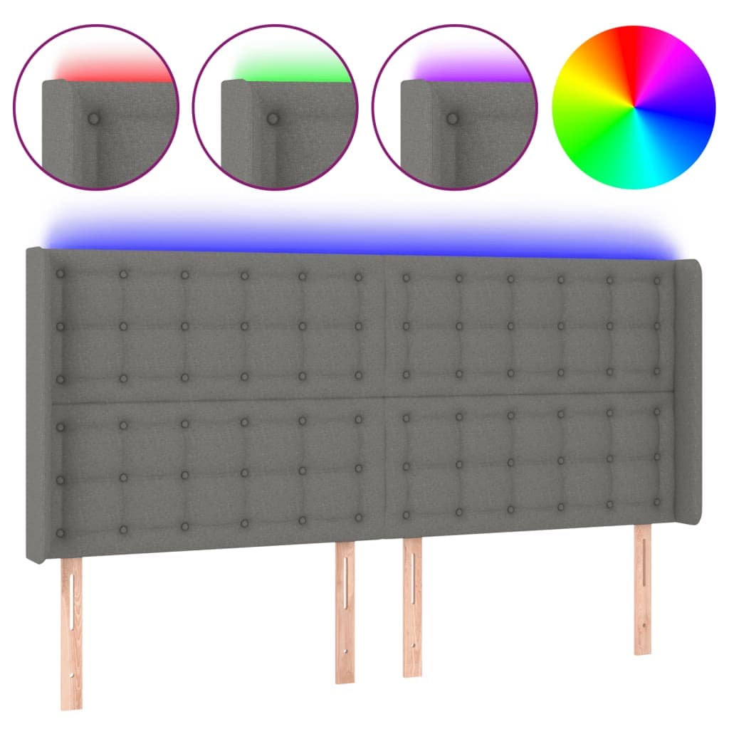 vidaXL Cabeceira de cama c/ LED tecido 203x16x118/128 cm cinza-escuro