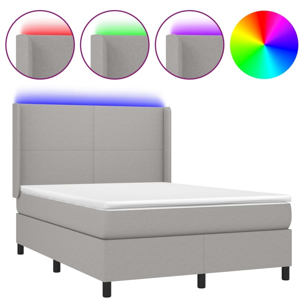 vidaXL Cama box spring c/ colchão e LED 140x190 cm tecido cinza-claro