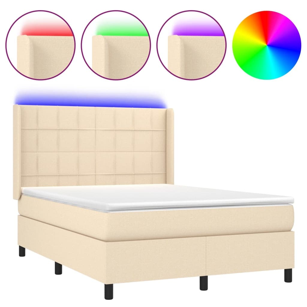 vidaXL Cama box spring c/ colchão e LED 140x190 cm tecido cor creme