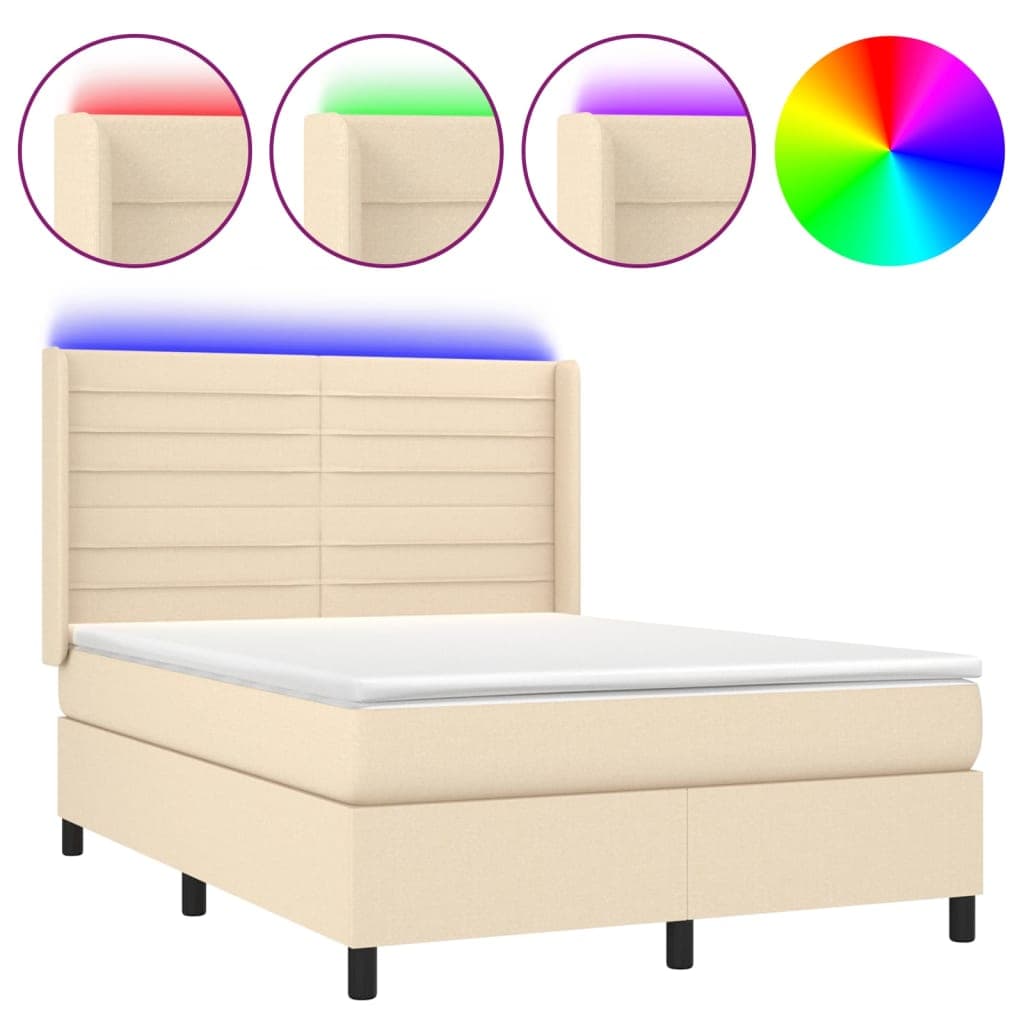 vidaXL Cama box spring c/ colchão e LED 140x190 cm tecido cor creme