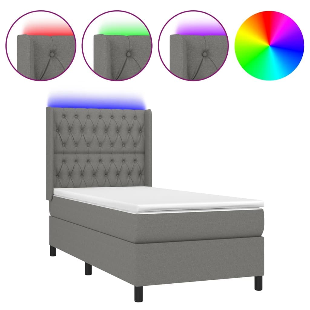 vidaXL Cama Box Spring com Colchão e LED 100x200 cm Tecido Cinza-escuro - 816071217