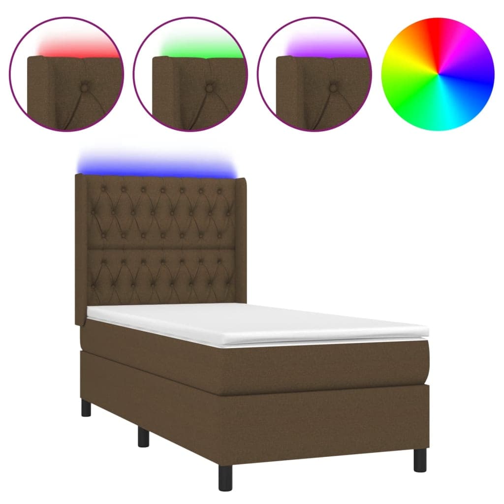 vidaXL Cama box spring c/ colchão/LED 100x200cm tecido castanho-escuro