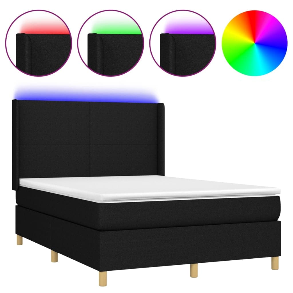 vidaXL Cama box spring c/ colchão e LED 140x190 cm tecido preto