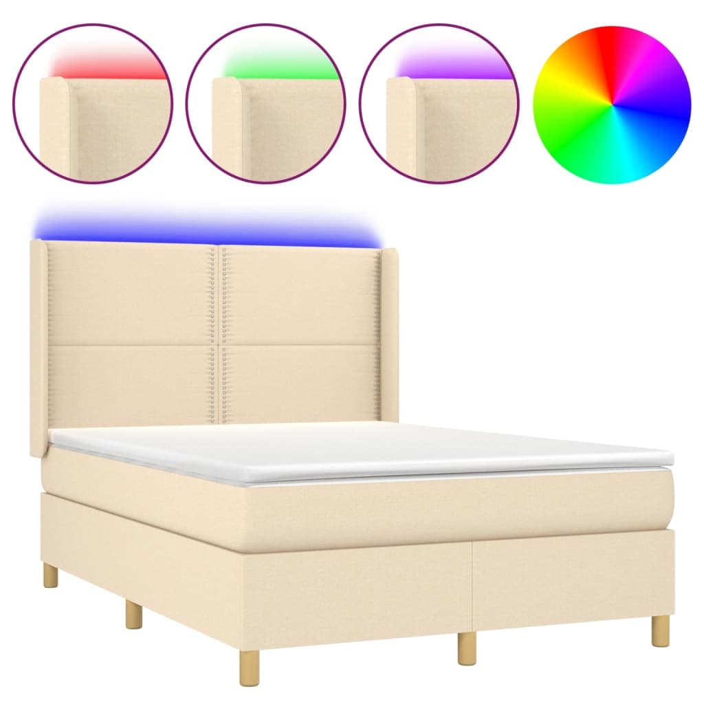 vidaXL Cama Box Spring com Colchão e LED 140x190 cm Tecido Cor Creme - 3385818837