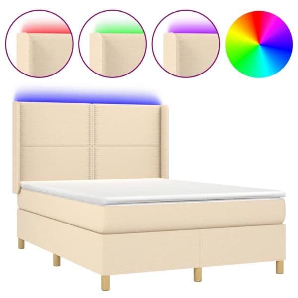 vidaXL Cama Box Spring com Colchão e LED 140x190 cm Tecido Cor Creme - 3385818837