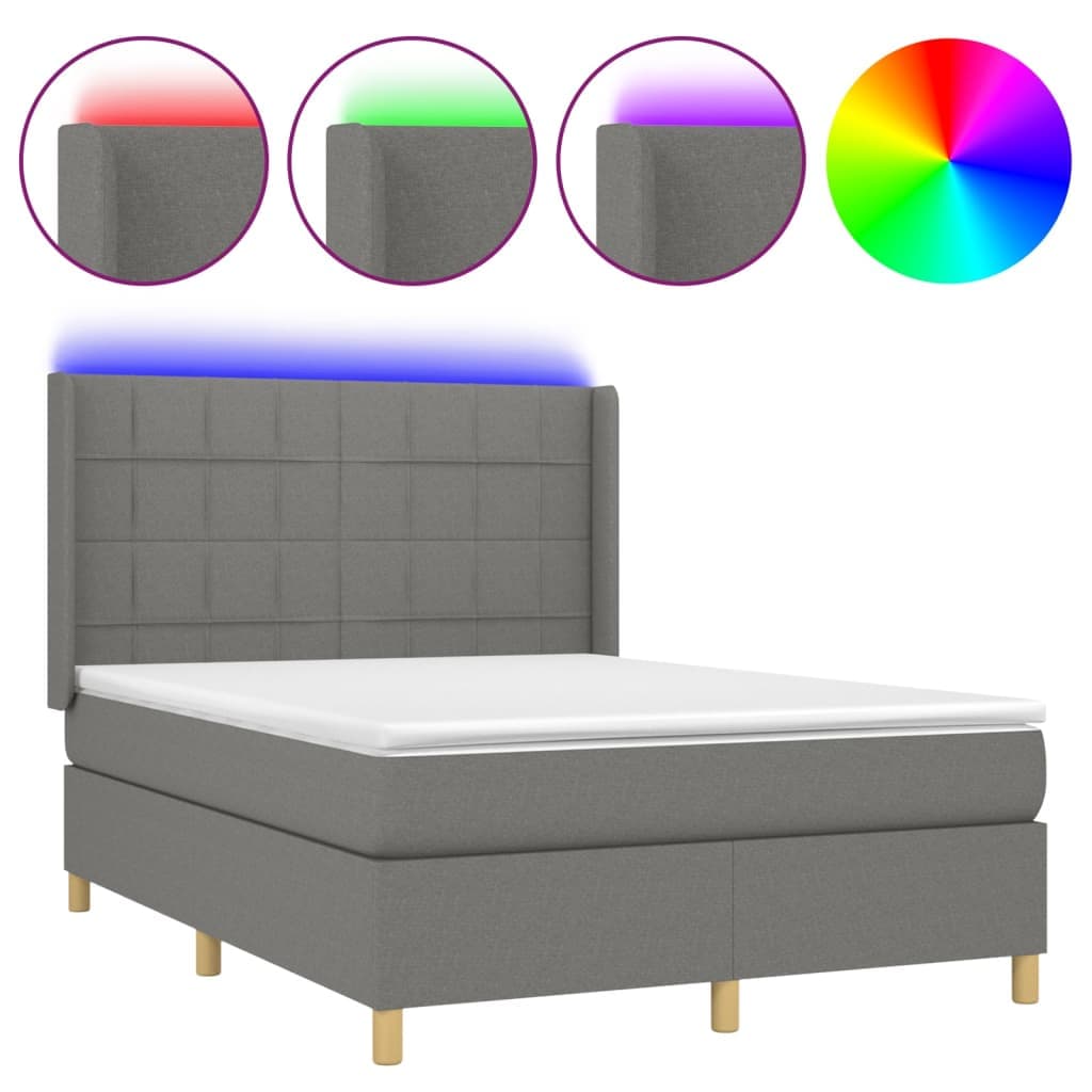 vidaXL Cama box spring c/ colchão e LED 140x190 cm tecido cinza-escuro