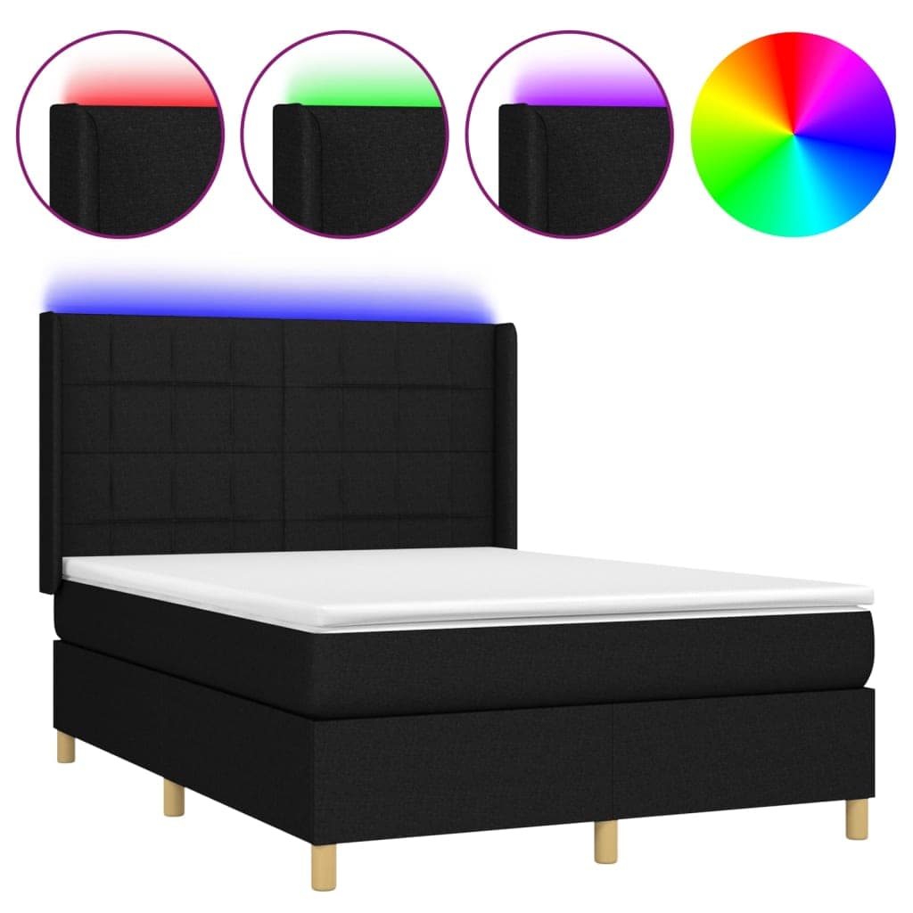 vidaXL Cama Box Spring com Colchão e LED 140x190 cm Tecido Preto - 746250473