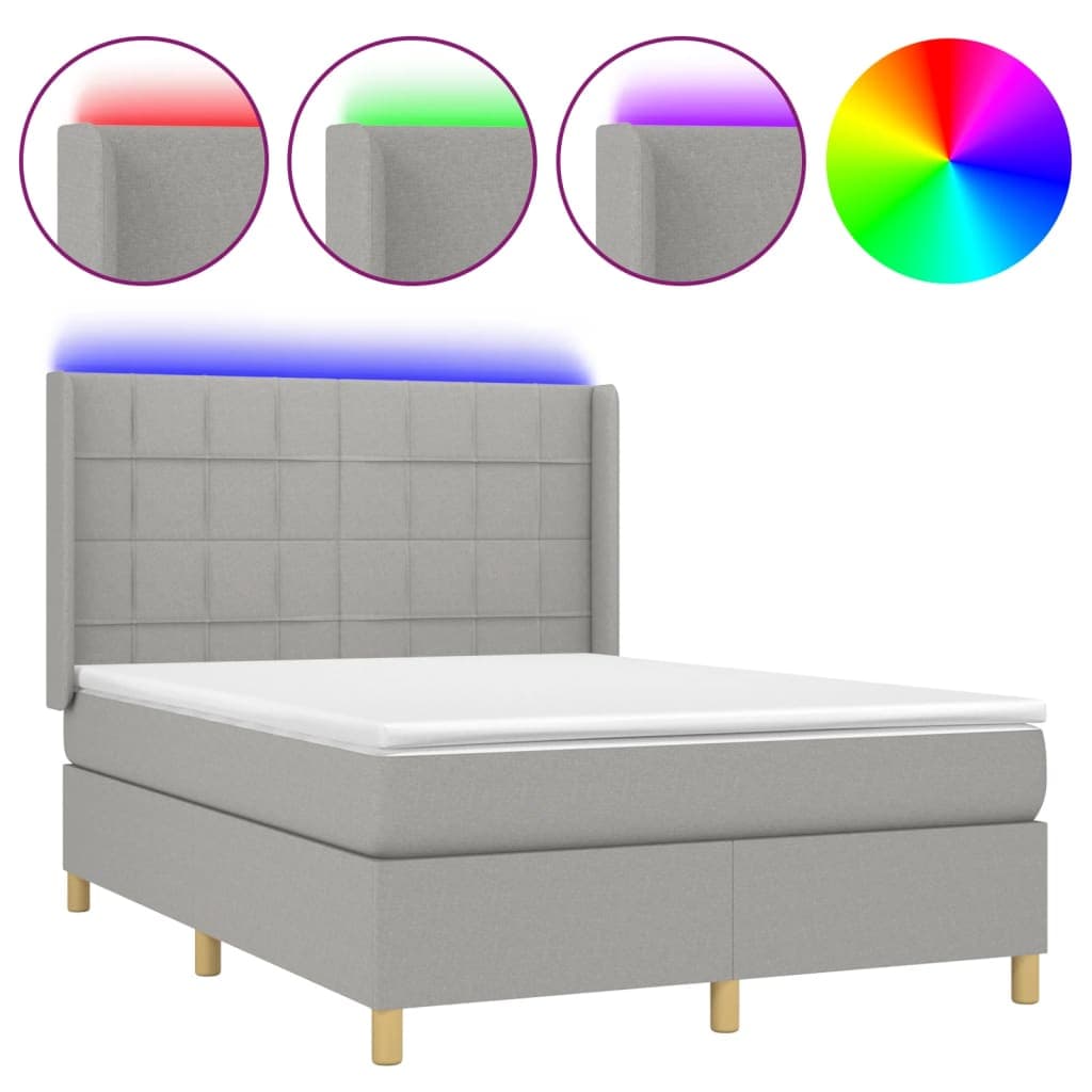 vidaXL Cama Box Spring com Colchão e LED 140x200 cm Tecido Cinza-claro - 3306767836