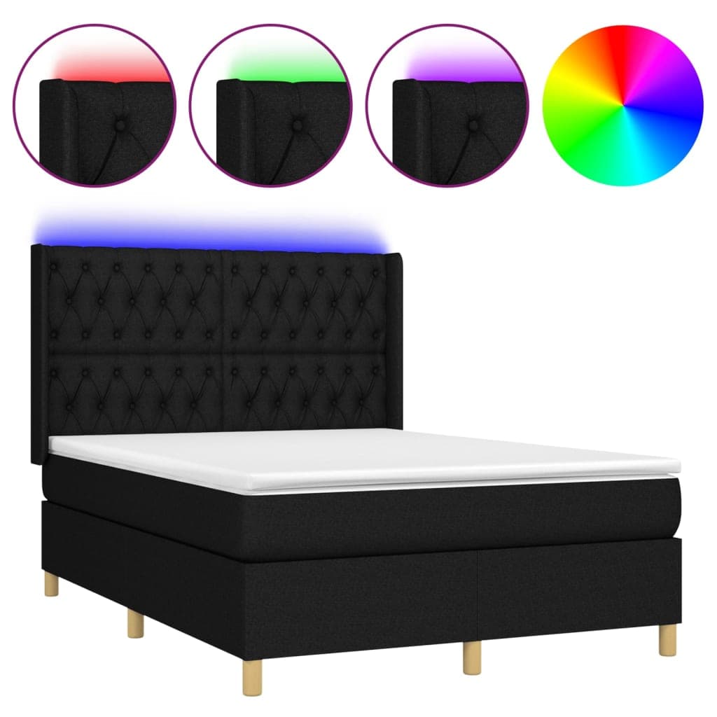 vidaXL Cama box spring c/ colchão e LED 140x200 cm tecido preto