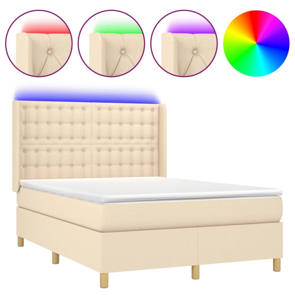 vidaXL Cama Box Spring com Colchão e LED 140x190 cm Tecido Cor Creme - 1979606274