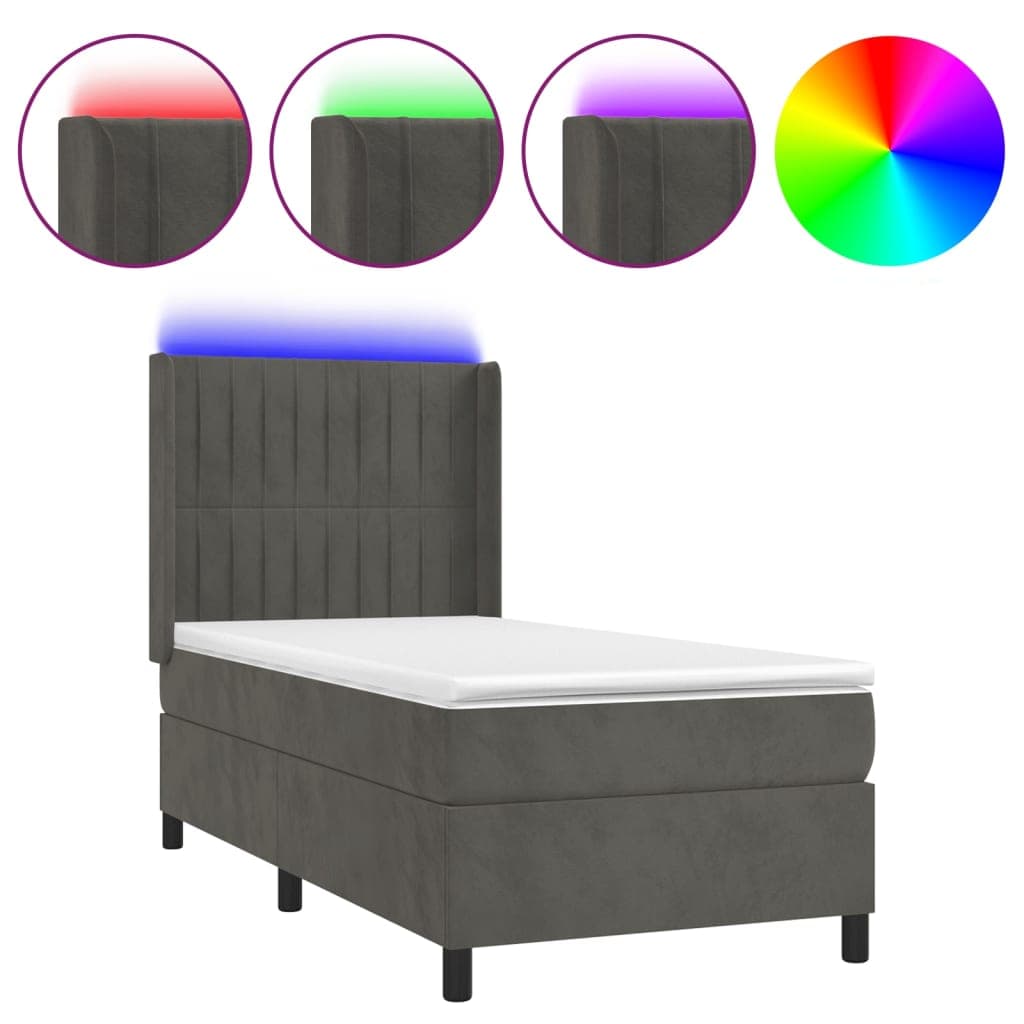 vidaXL Cama box spring c/ colchão/LED 90x190 cm veludo cinzento-escuro