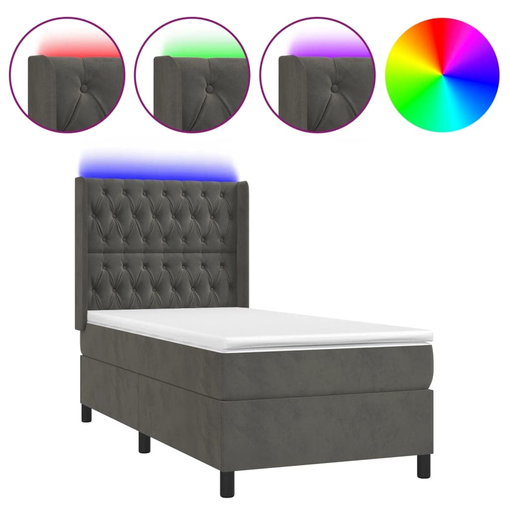 vidaXL Cama box spring c/ colchão/LED 90x200 cm veludo cinzento-escuro