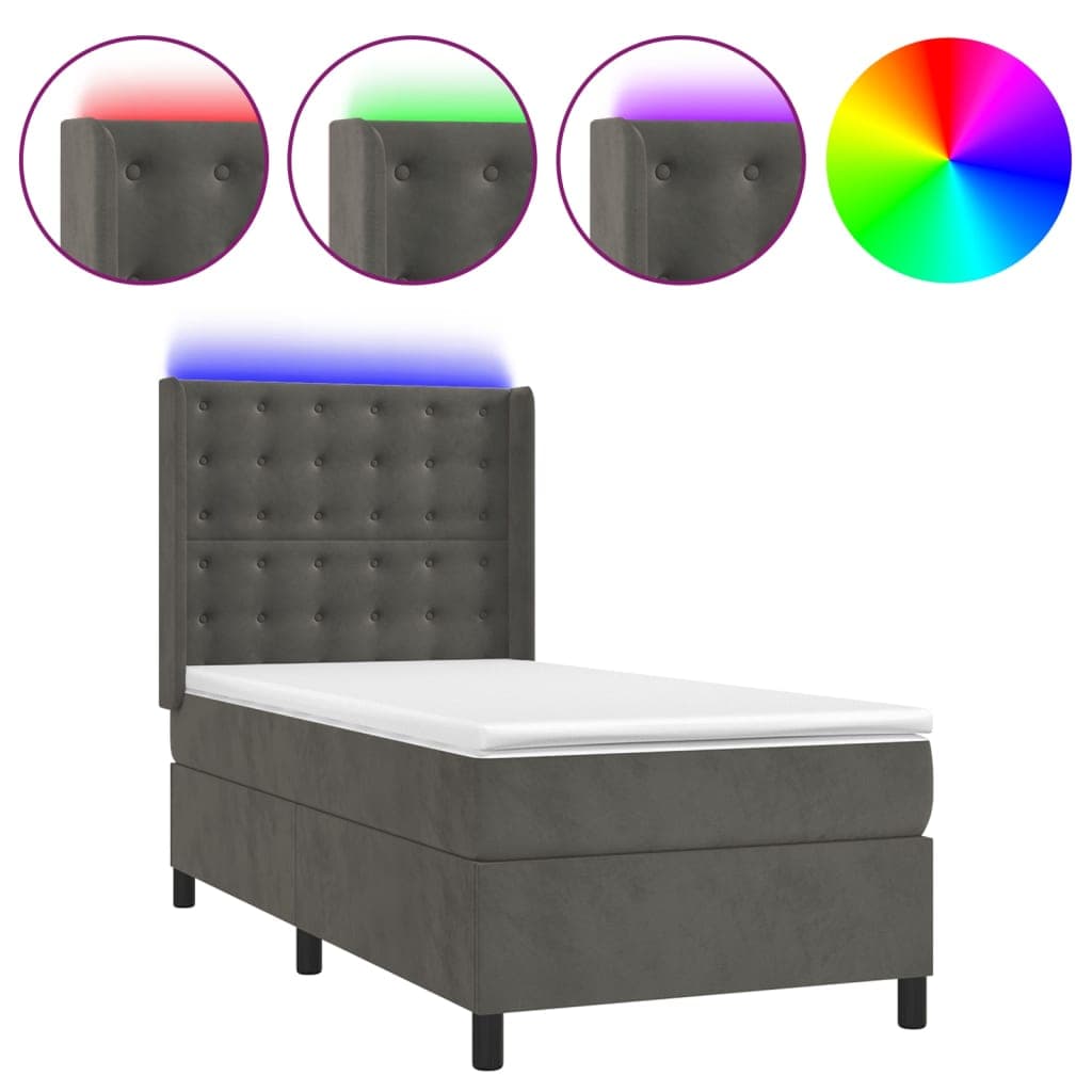 vidaXL Cama box spring c/ colchão/LED 90x200 cm veludo cinzento-escuro