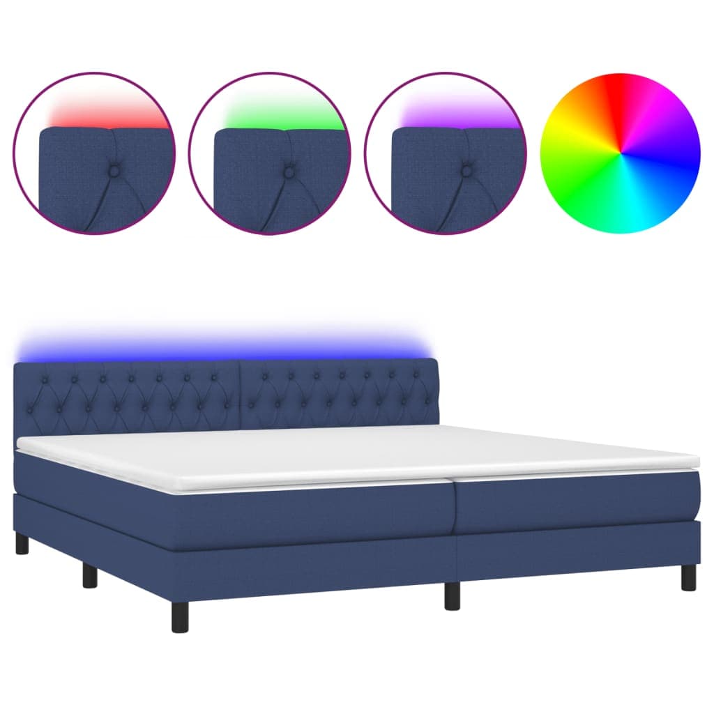 vidaXL Cama box spring c/ colchão e LED 200x200 cm tecido azul