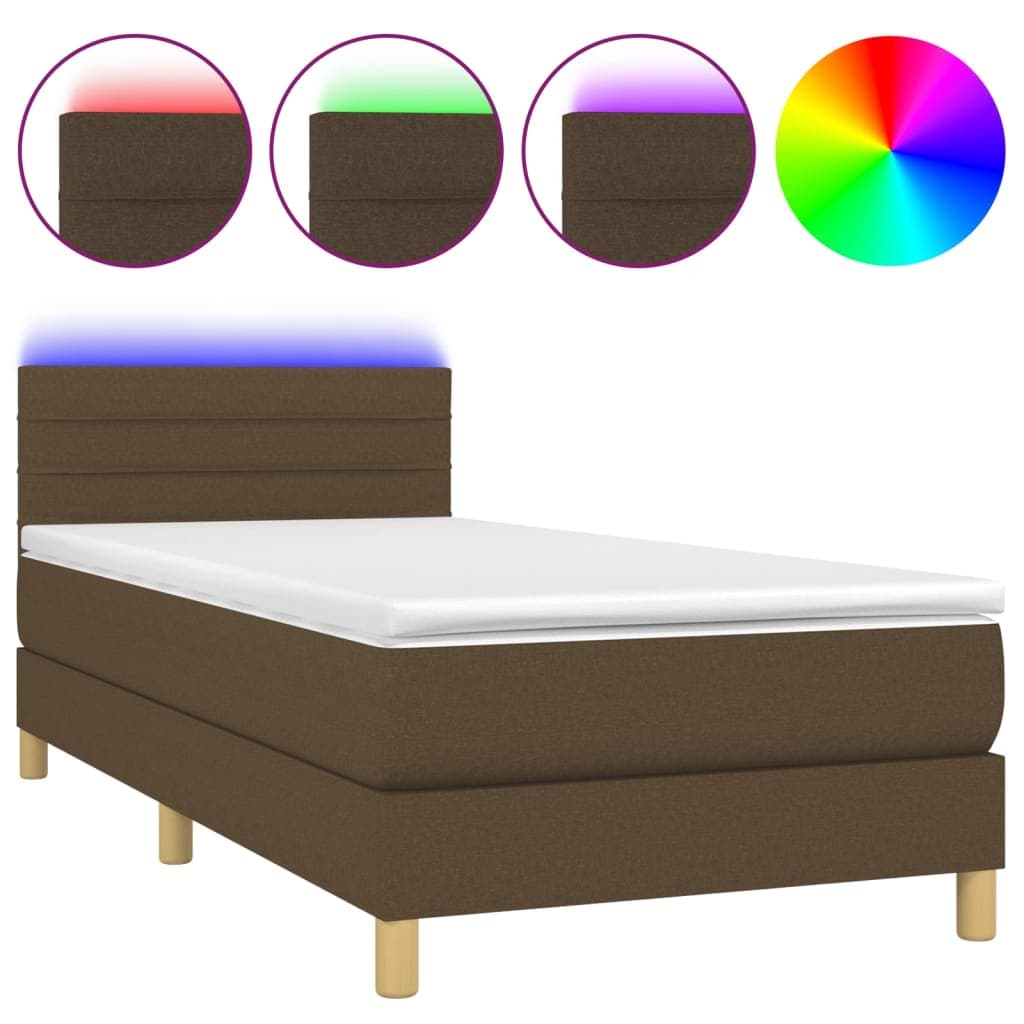 vidaXL Cama box spring c/ colchão/LED 90x200 cm tecido castanho-escuro