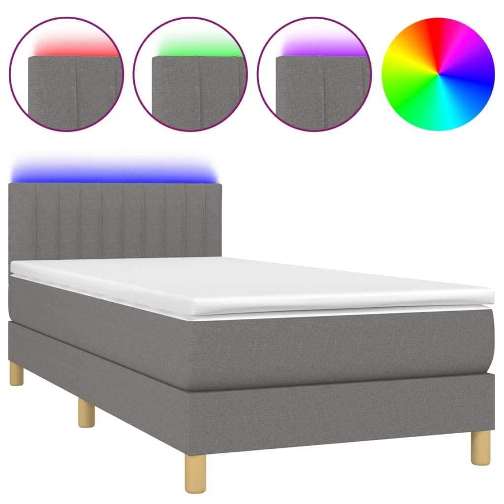 vidaXL Cama Box Spring com Colchão e LED 100x200 cm Tecido Cinza-escuro - 3106402789