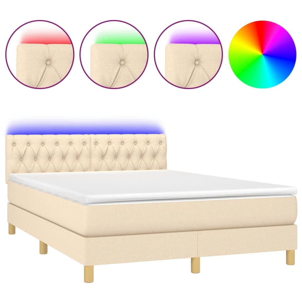 vidaXL Cama box spring c/ colchão e LED 140x200 cm tecido cor creme